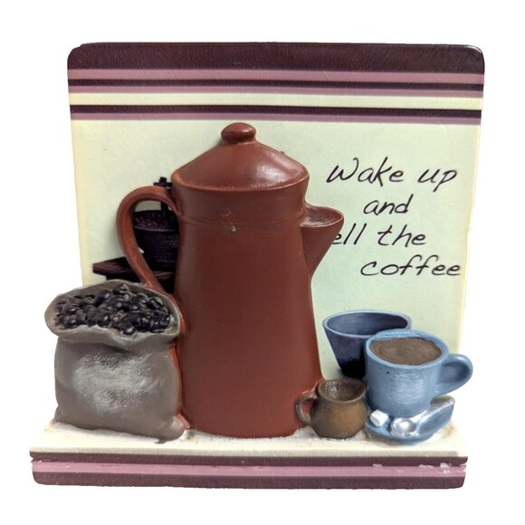 Coffee Pot Cup and Bean Bag Stoneware 4 Coaster Set 1 Holder Brown Tan Blue - Picture 1 of 13